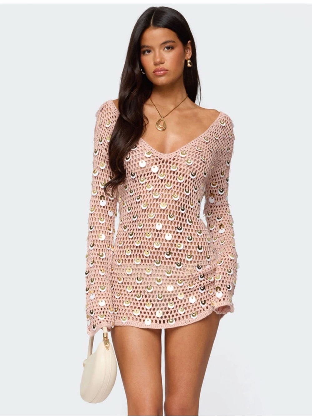 Edikted Pink Sequin Crochet Swim Cover-Up